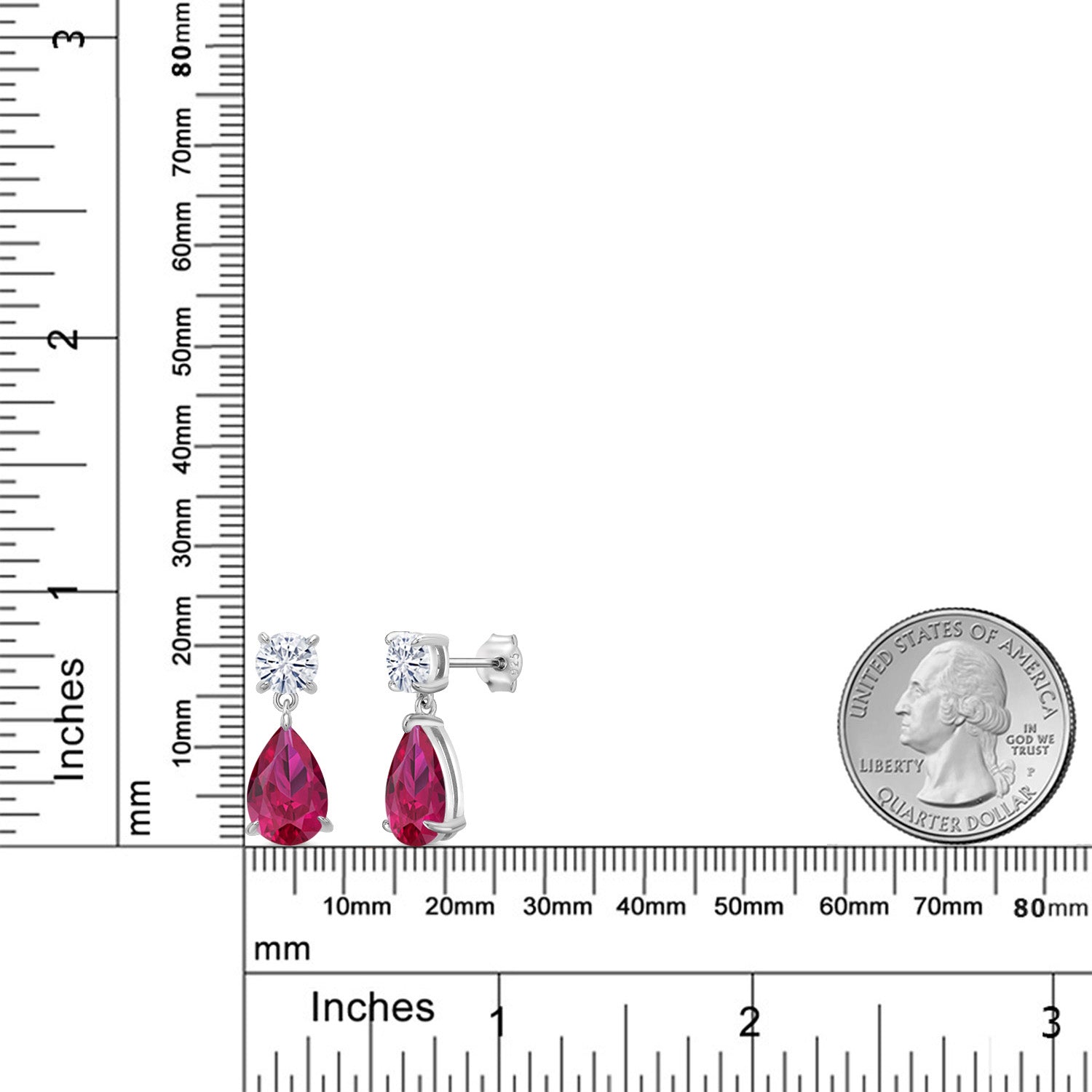 925 Sterling Silver Red Created Ruby and White Moissanite Teardrop Dangle Drop Earrings For Women (8.56 Cttw, Pear Shape 12X8MM, Round 6MM)