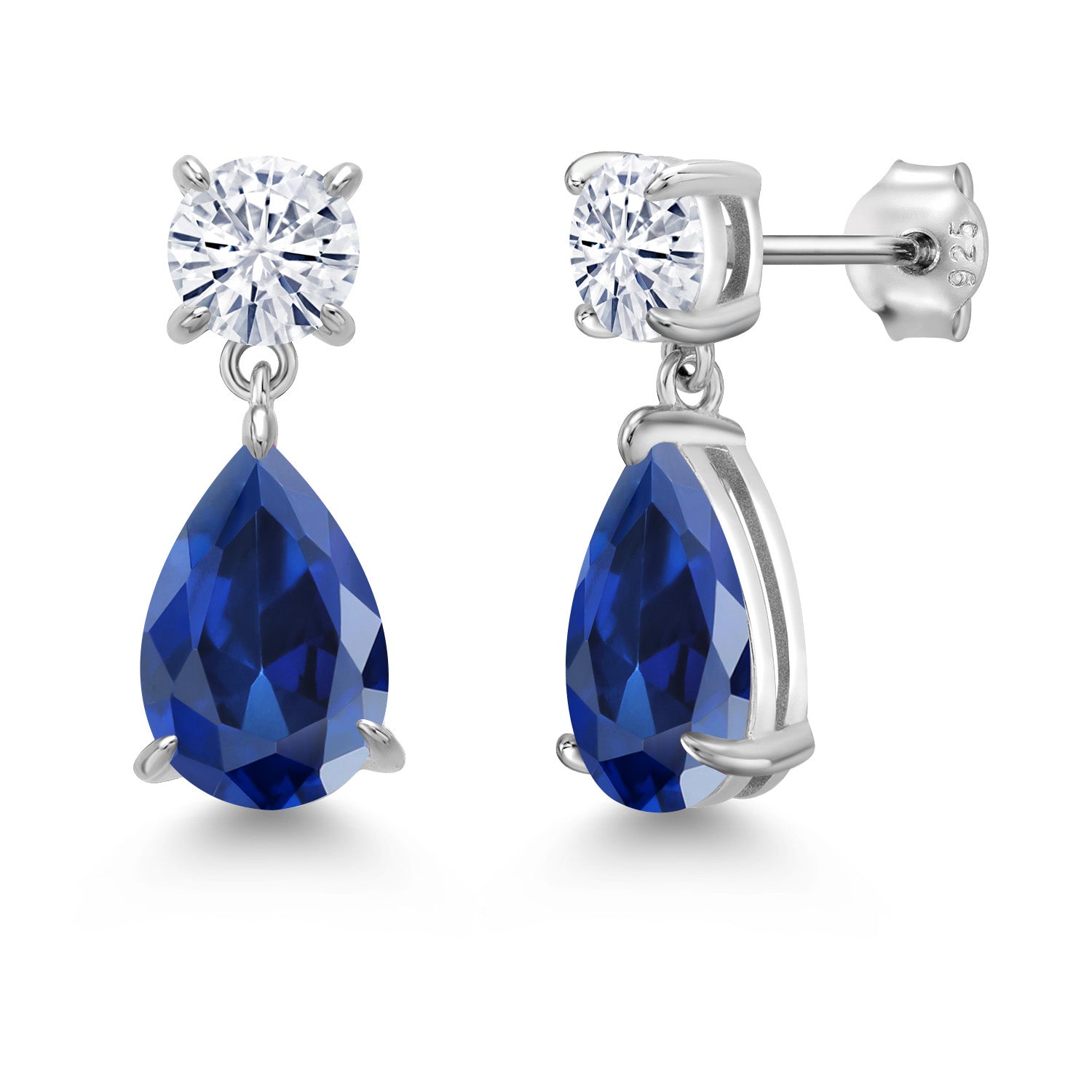 8.74 Cttw Blue Created Sapphire and White Moissanite Teardrop Dangle Drop Earrings For Women In 925 Sterling Silver | Pear Shape 12x8MM | Round 6MM