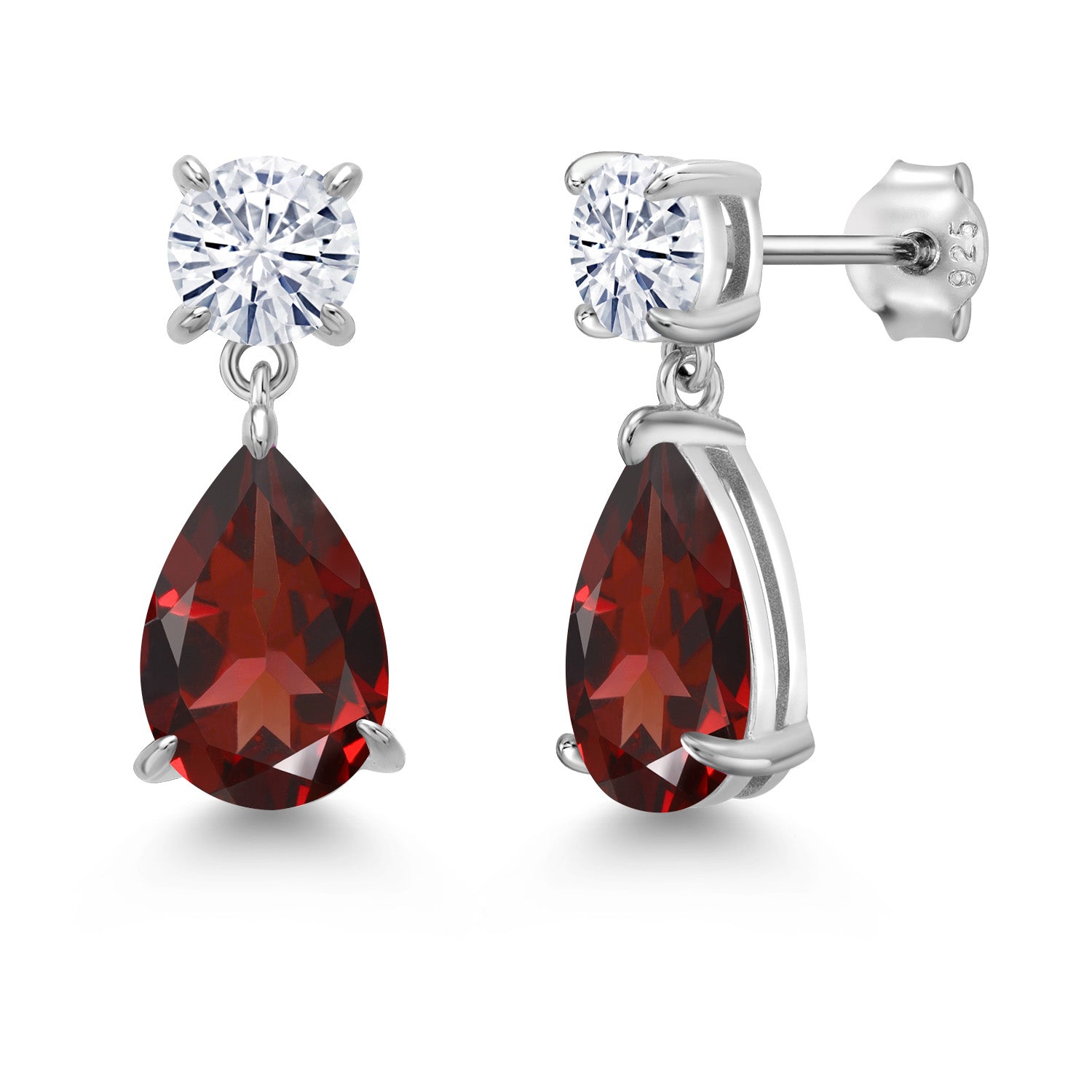 925 Sterling Silver Red Garnet and White Moissanite Teardrop Dangle Drop Earrings For Women (7.94 Cttw, Gemstone Birthstone, Pear Shape 12x8MM, Round 6MM)