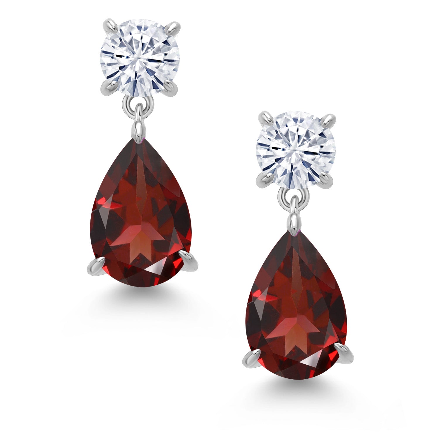 925 Sterling Silver Red Garnet and White Moissanite Teardrop Dangle Drop Earrings For Women (7.94 Cttw, Gemstone Birthstone, Pear Shape 12x8MM, Round 6MM)