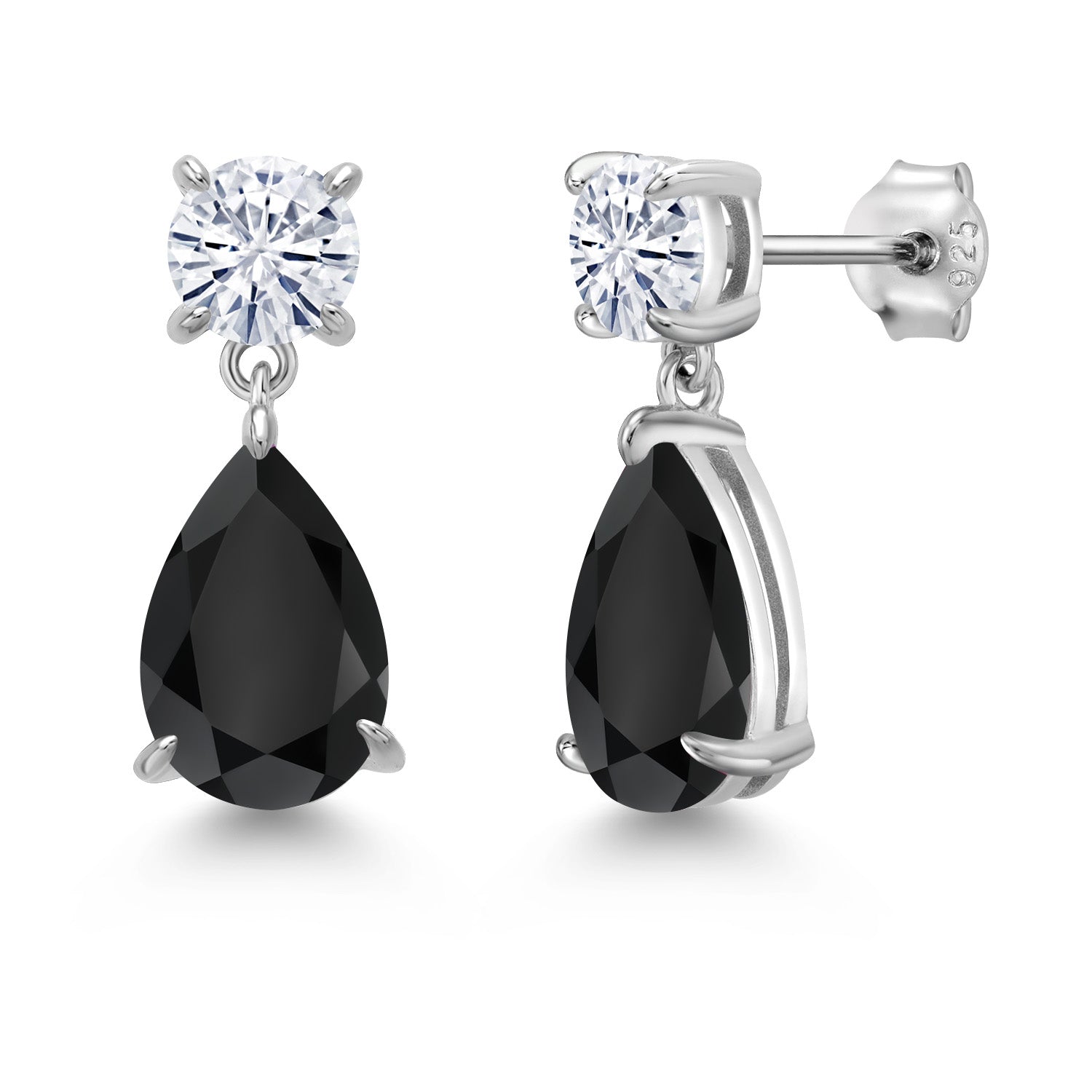 7.14 Cttw Black Onyx and White Moissanite Teardrop Dangle Drop Earrings For Women In 925 Sterling Silver | Gemstone Birthstone | Pear Shape 12x8MM | Round 6MM