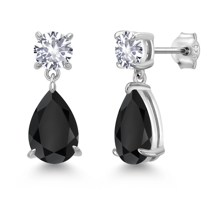 925 Sterling Silver Black Onyx and White Created Sapphire Teardrop Dangle Drop Earrings For Women (7.54 Cttw, Gemstone Birthstone, Pear Shape 12x8MM, Round 6MM)