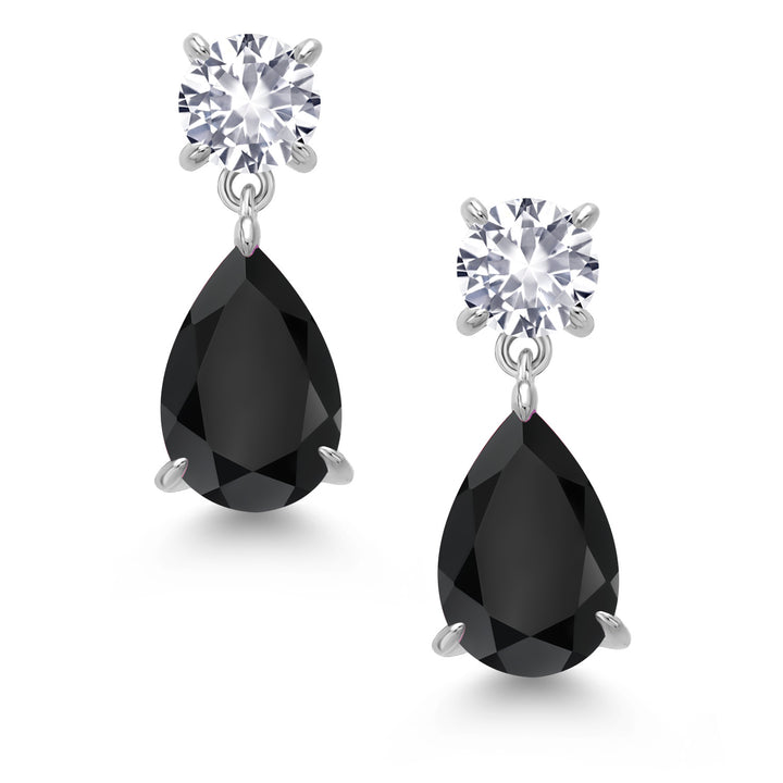 925 Sterling Silver Black Onyx and White Created Sapphire Teardrop Dangle Drop Earrings For Women (7.54 Cttw, Gemstone Birthstone, Pear Shape 12x8MM, Round 6MM)