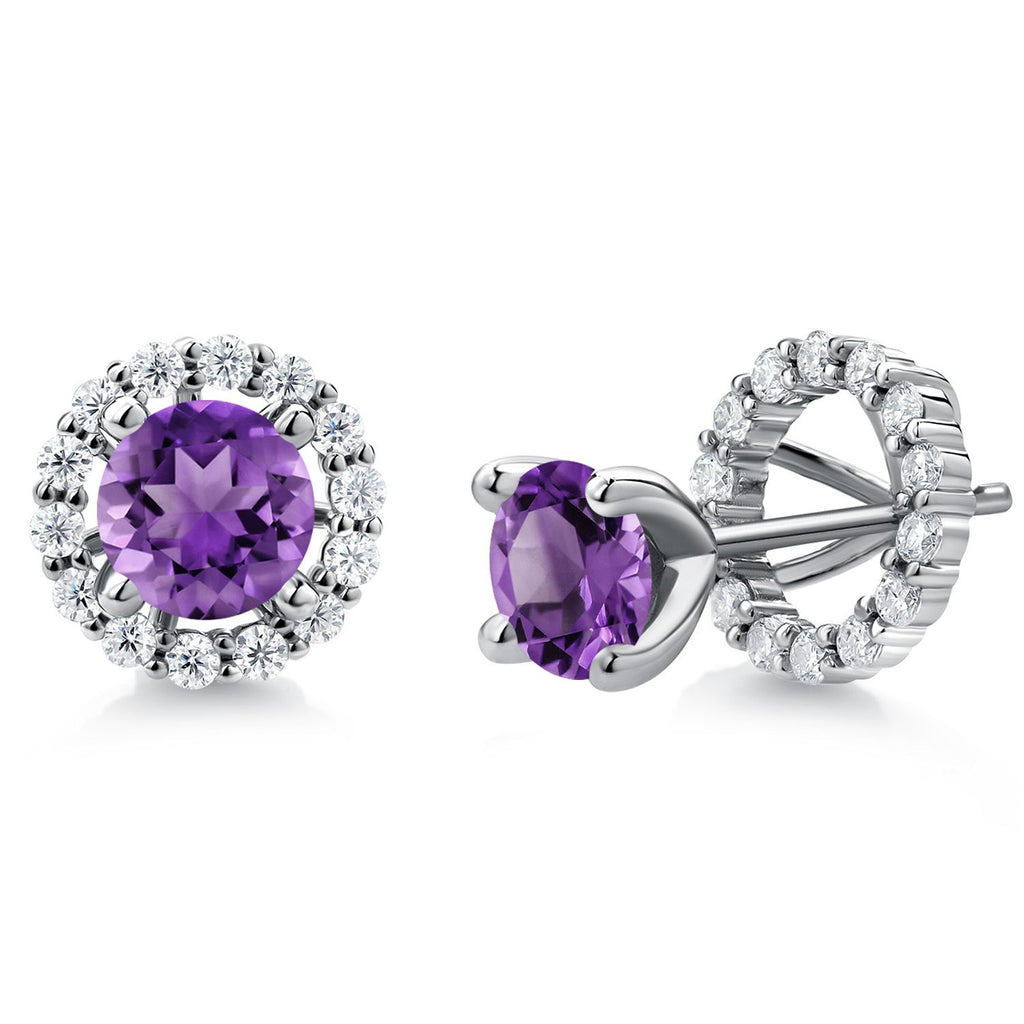 Gem Stone King 925 Sterling Silver 6MM Round Gemstone Birthstone and White Moissanite Removable Jacket Stud Halo Earrings For Women