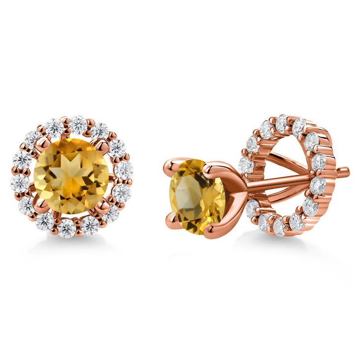 Gem Stone King 18K Rose Gold Plated Silver 6MM Round Gemstone Birthstone and White Moissanite Removable Jacket Stud Halo Earrings For Women