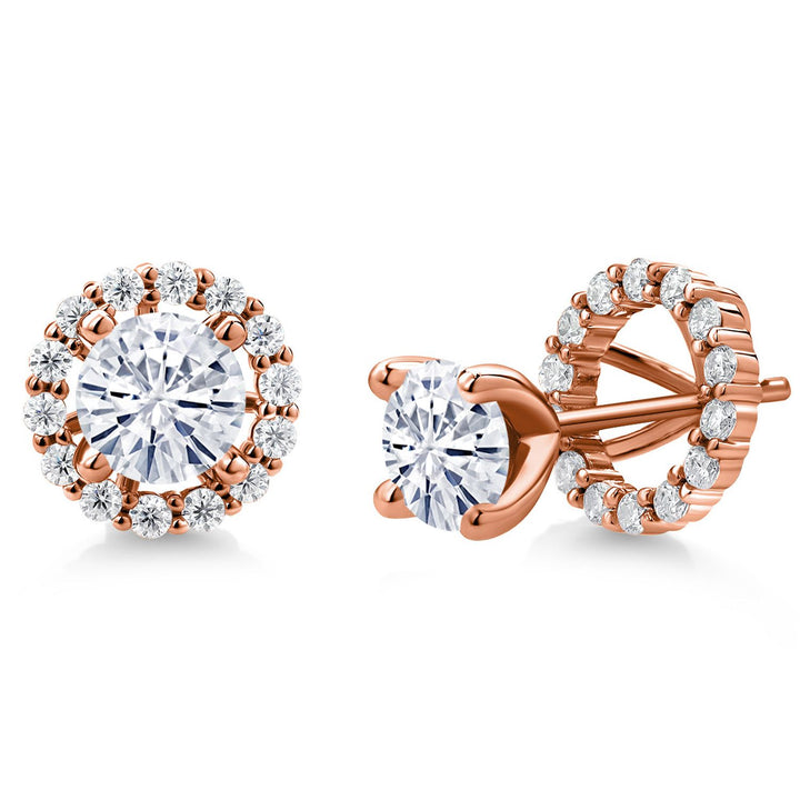 Gem Stone King 18K Rose Gold Plated Silver 6MM Round Gemstone Birthstone and White Moissanite Removable Jacket Stud Halo Earrings For Women