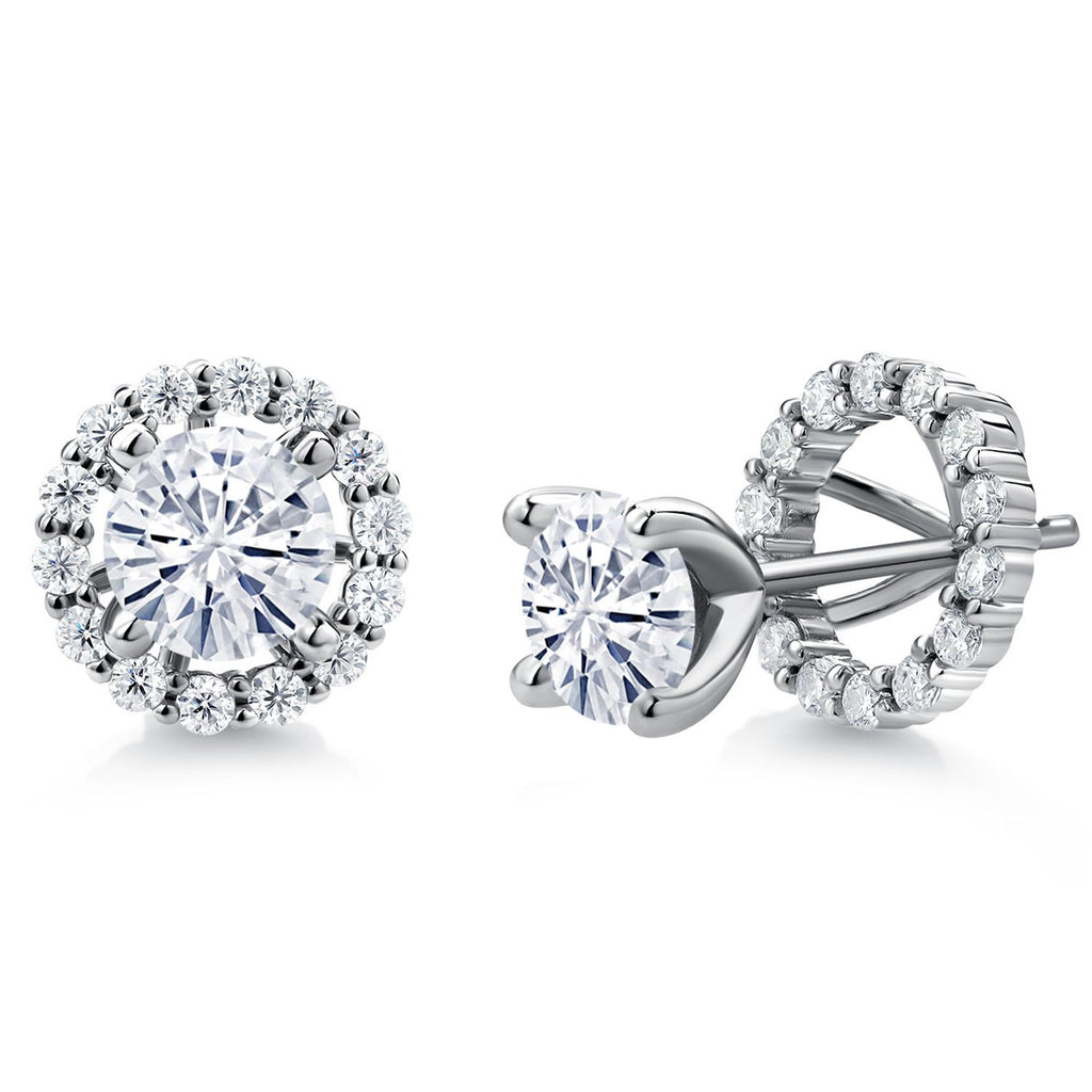 Gem Stone King 925 Sterling Silver 6MM Round Gemstone Birthstone and White Moissanite Removable Jacket Stud Halo Earrings For Women