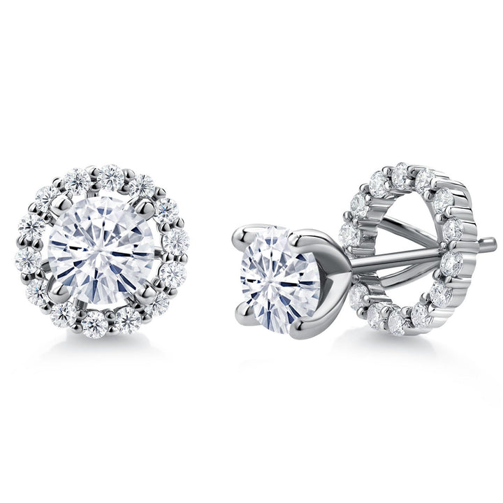 Gem Stone King 925 Sterling Silver 6MM Round Gemstone Birthstone and White Moissanite Removable Jacket Stud Halo Earrings For Women