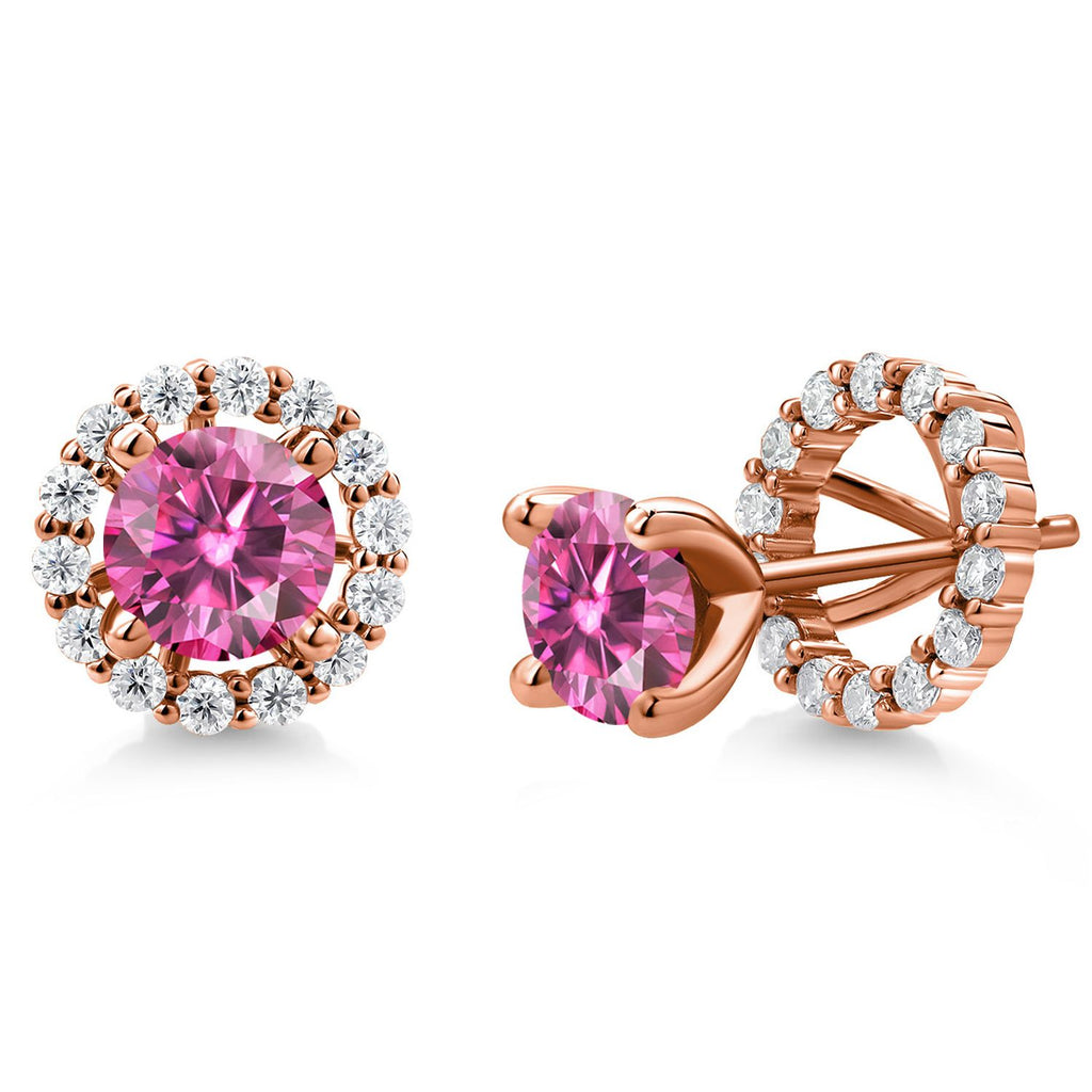 Gem Stone King 18K Rose Gold Plated Silver 6MM Round Gemstone Birthstone and White Moissanite Removable Jacket Stud Halo Earrings For Women