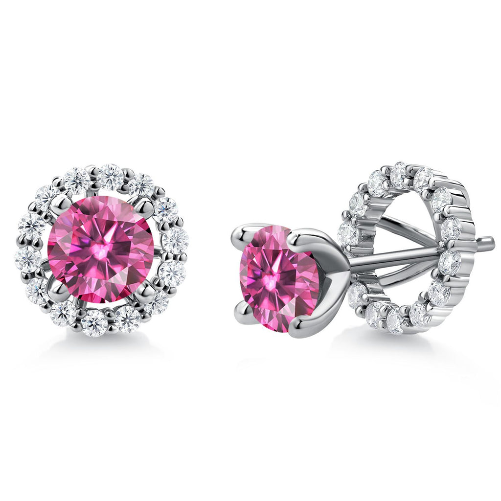 Gem Stone King 925 Sterling Silver 6MM Round Gemstone Birthstone and White Moissanite Removable Jacket Stud Halo Earrings For Women