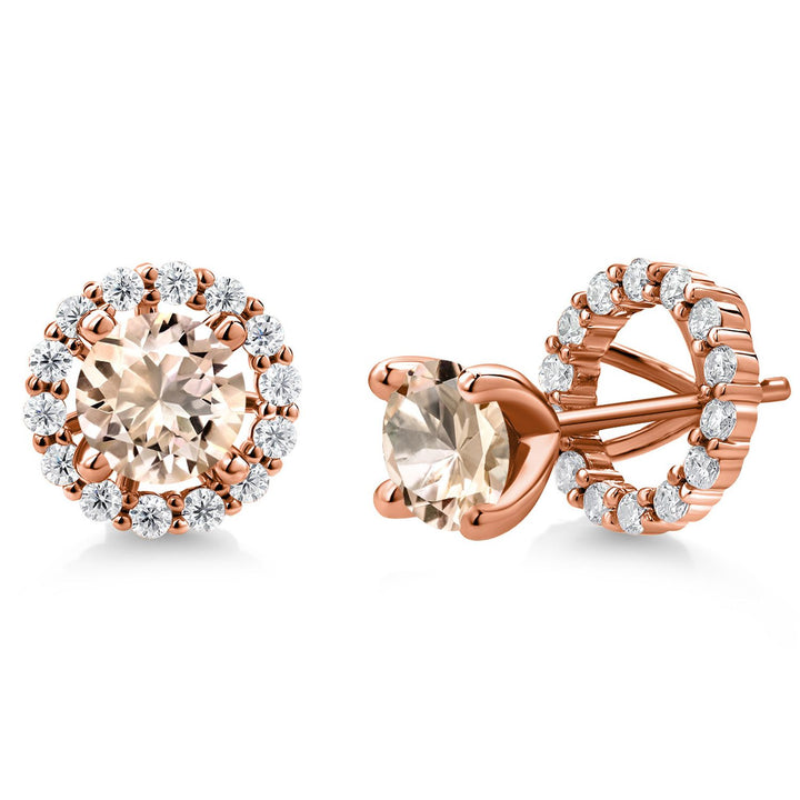 Gem Stone King 18K Rose Gold Plated Silver 6MM Round Gemstone Birthstone and White Moissanite Removable Jacket Stud Halo Earrings For Women
