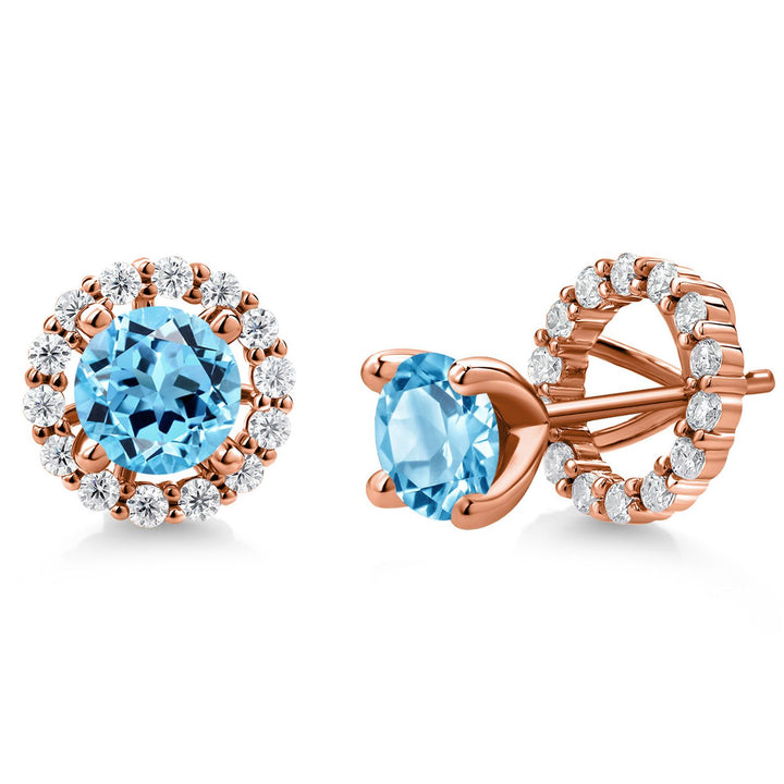 Gem Stone King 18K Rose Gold Plated Silver 6MM Round Gemstone Birthstone and White Moissanite Removable Jacket Stud Halo Earrings For Women