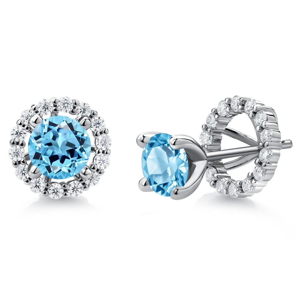 Gem Stone King 925 Sterling Silver 6MM Round Gemstone Birthstone and White Moissanite Removable Jacket Stud Halo Earrings For Women