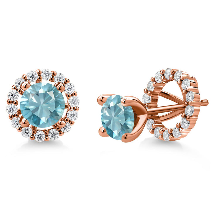 Gem Stone King 18K Rose Gold Plated Silver 6MM Round Gemstone Birthstone and White Moissanite Removable Jacket Stud Halo Earrings For Women
