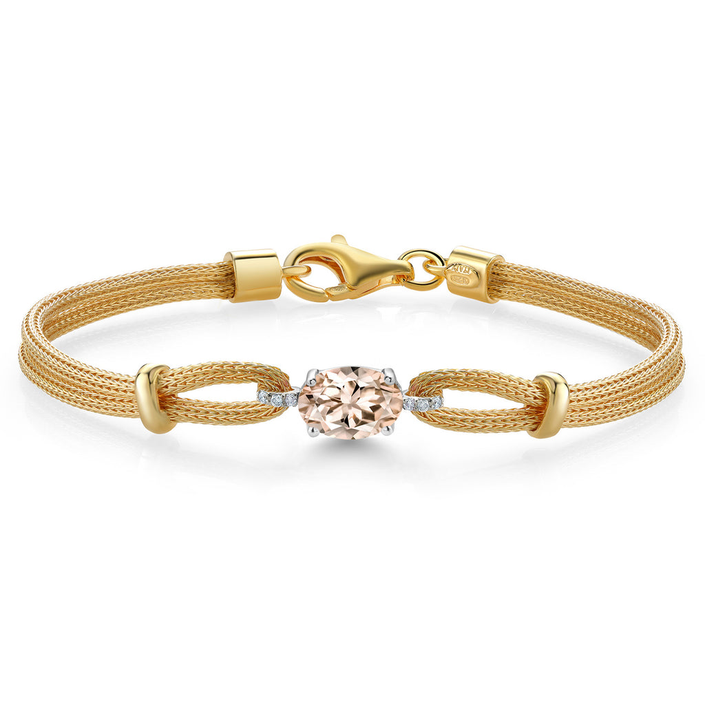 Gem Stone King 925 Two Tone Sterling Silver Peach Morganite and White Lab Grown Diamond Bracelet For Women (1.04 Cttw, Gemstone October Birthstone, Oval 8X6MM, 6.5/7/7.5 Inches, Made In Italy)