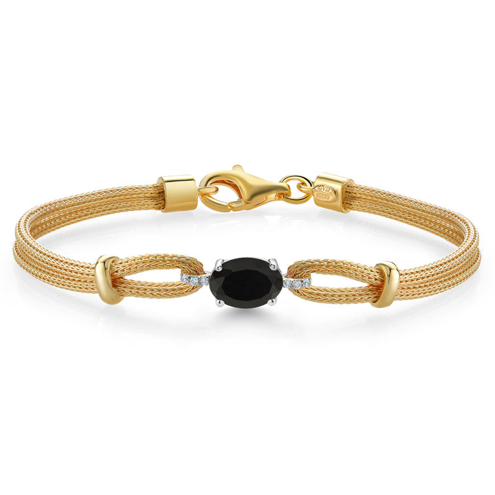 Gem Stone King 925 Two Tone Sterling Silver Black Onyx & White Lab Grown Diamond Bracelet For Women | 1.64 Cttw | Gemstone Birthstone | Oval 8X6MM | 6.5/7/7.5 Inches, Made In Italy