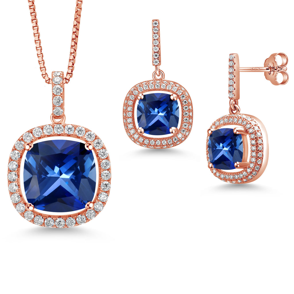 Blue Created Sapphire - September_Rose Gold Plated Silver_Pendant Earrings Set in Rose Gold Plated Silver