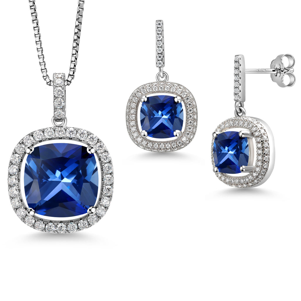 Blue Created Sapphire - September_Sterling Silver_Pendant Earrings Set in Sterling Silver