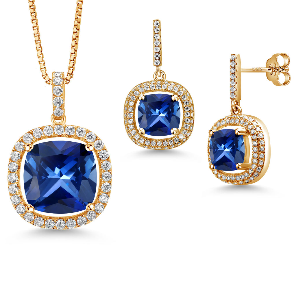 Blue Created Sapphire - September_Yellow Gold Plated Silver_Pendant Earrings Set in Yellow Gold Plated Silver