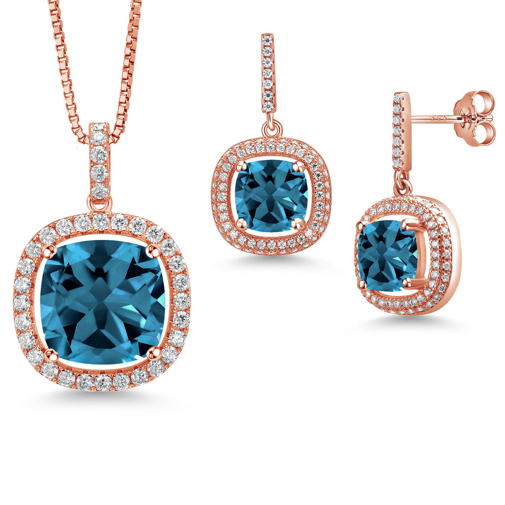 London Blue Topaz - November_Rose Gold Plated Silver_Pendant Earrings Set in Rose Gold Plated Silver