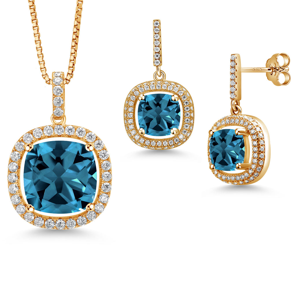 London Blue Topaz - November_Yellow Gold Plated Silver_Pendant Earrings Set in Yellow Gold Plated Silver