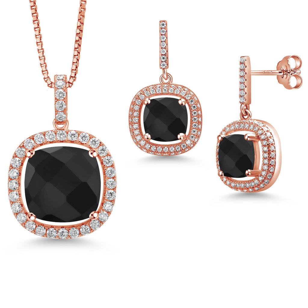 Onyx-Checkerboard - December_Rose Gold Plated Silver_Pendant Earrings Set in Rose Gold Plated Silver