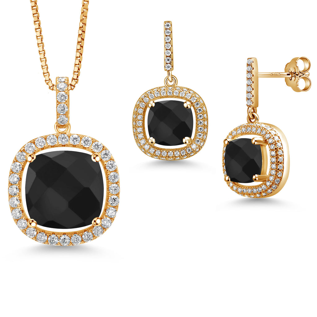 Onyx-Checkerboard - December_Yellow Gold Plated Silver_Pendant Earrings Set in Yellow Gold Plated Silver
