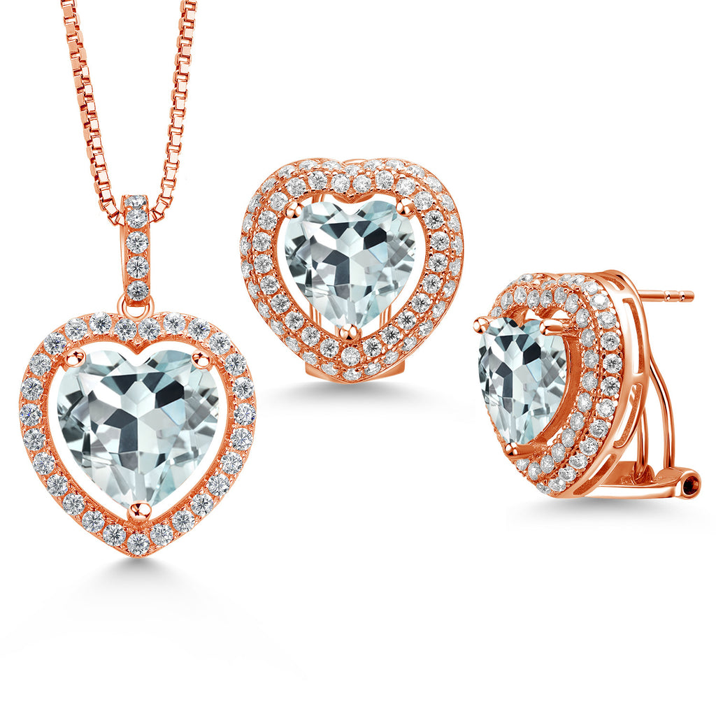 Created Aquamarine - March_Rose Gold Plated Silver_Pendant Earrings Set in Rose Gold Plated Silver
