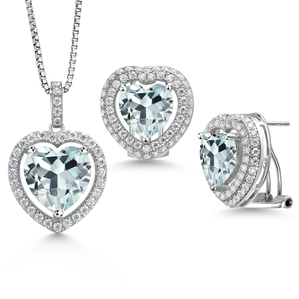 Created Aquamarine - March_Sterling Silver_Pendant Earrings Set in Sterling Silver