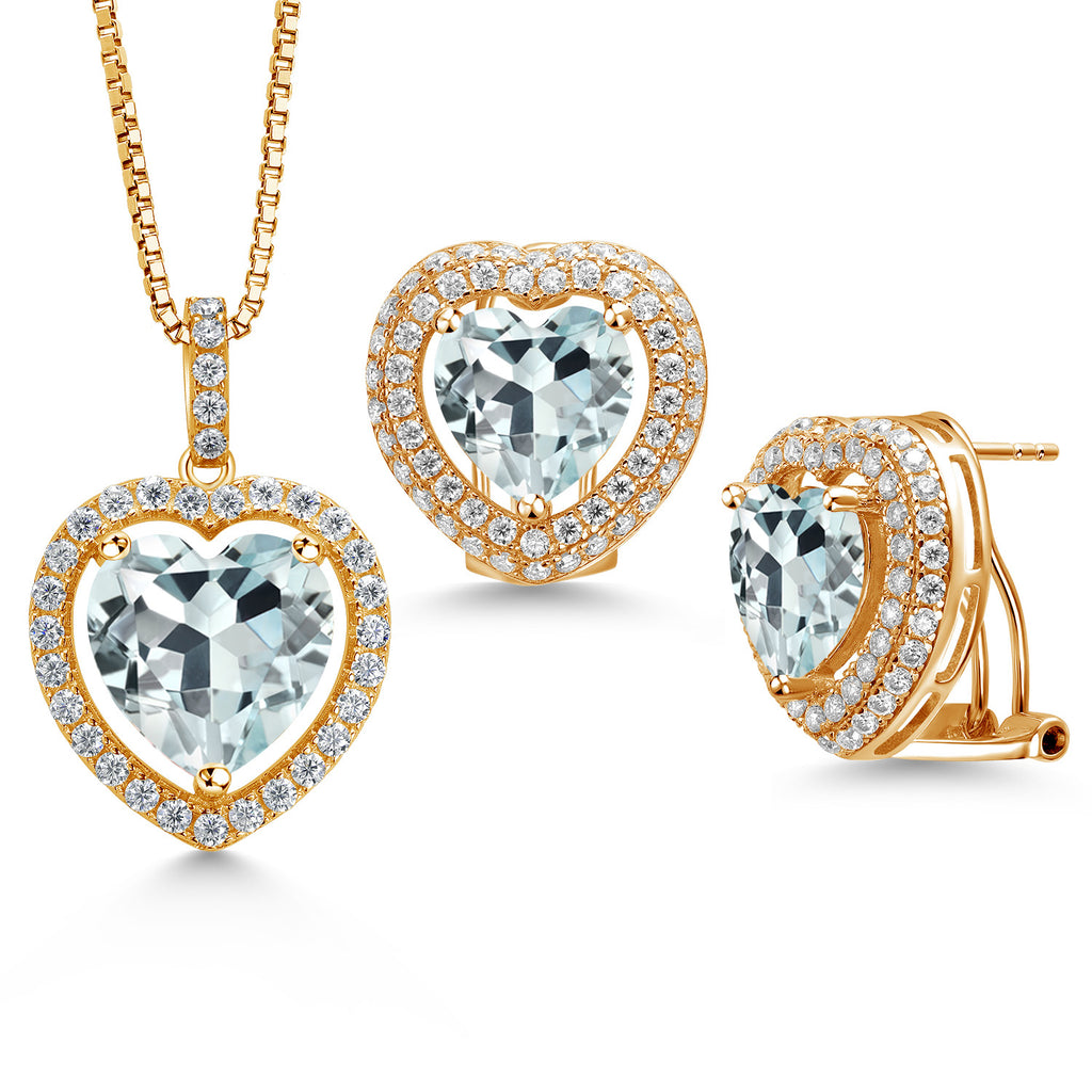 Created Aquamarine - March_Yellow Gold Plated Silver_Pendant Earrings Set in Yellow Gold Plated Silver