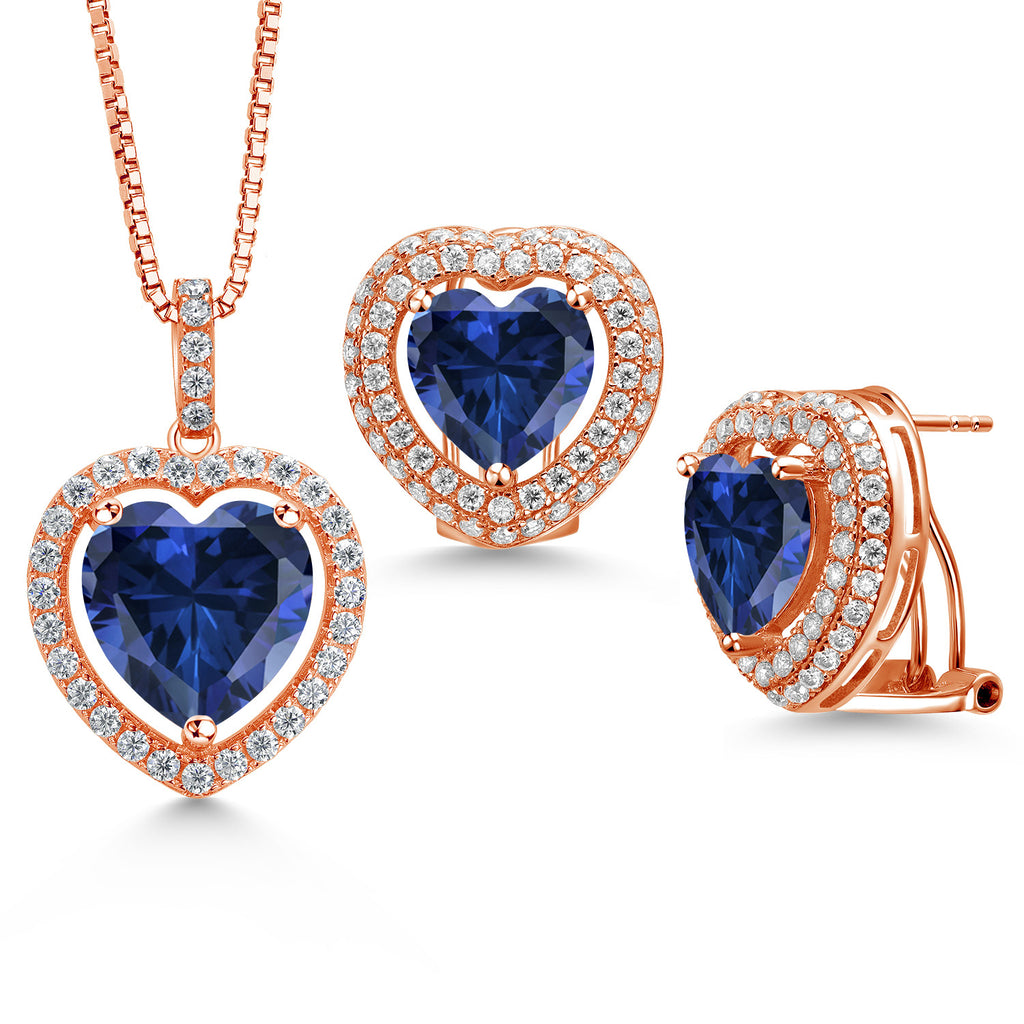 Blue Created Sapphire - September_Rose Gold Plated Silver_Pendant Earrings Set in Rose Gold Plated Silver