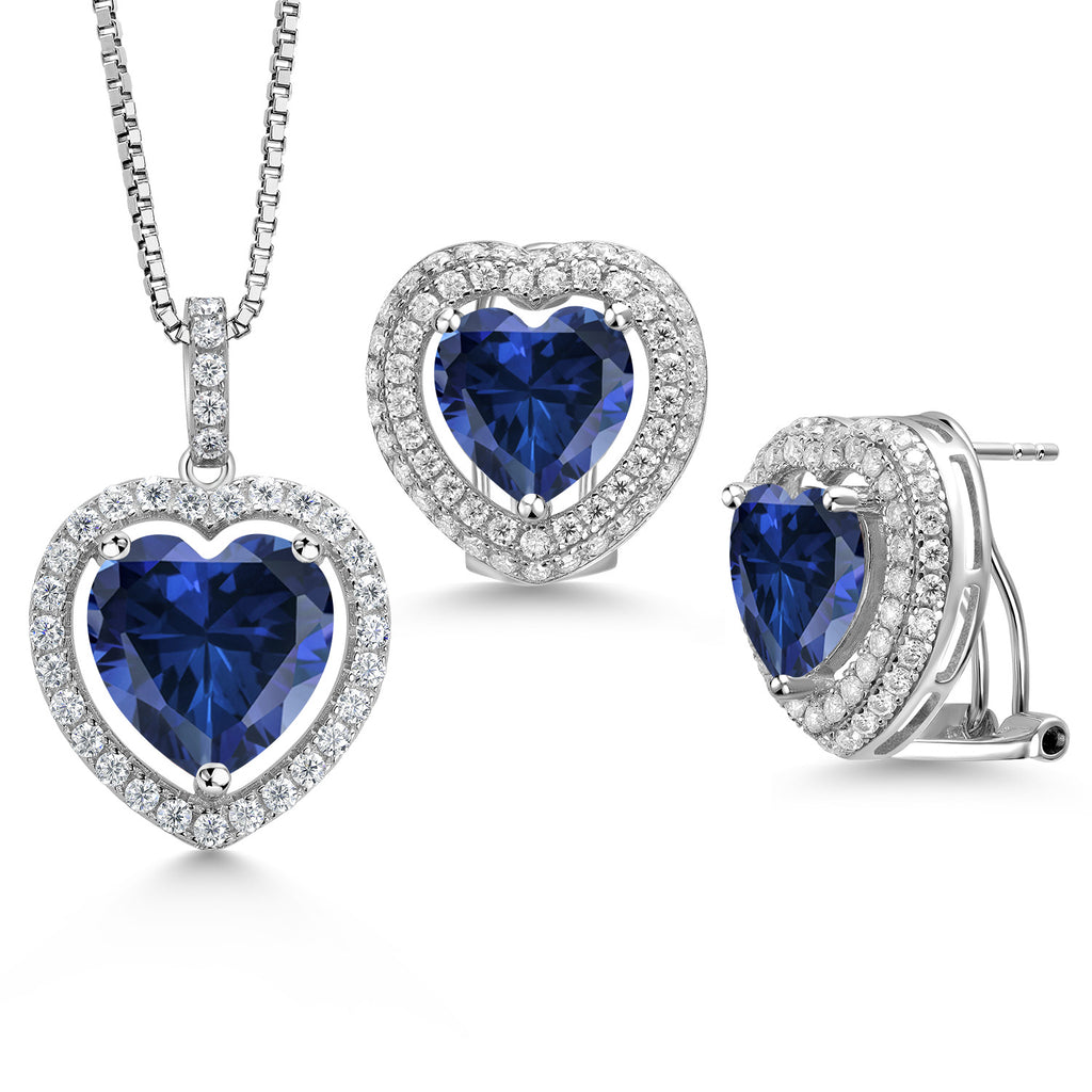 Blue Created Sapphire - September_Sterling Silver_Pendant Earrings Set in Sterling Silver