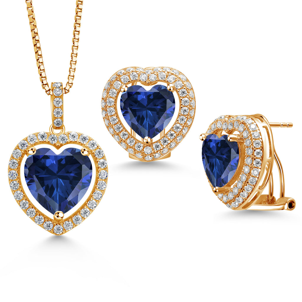 Blue Created Sapphire - September_Yellow Gold Plated Silver_Pendant Earrings Set in Yellow Gold Plated Silver