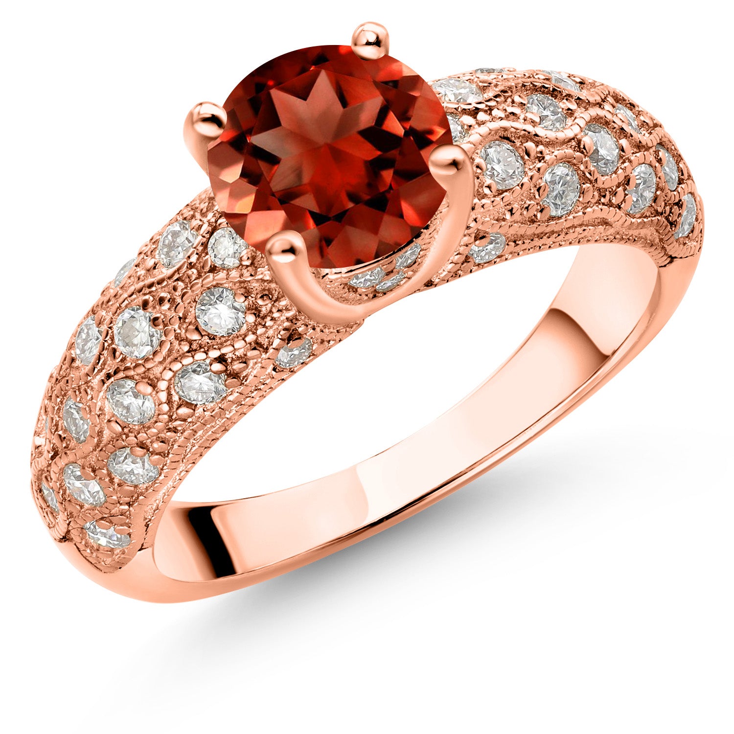 18K Rose Gold Plated Silver Red Garnet and White Moissanite Engagement Ring For Women (1.84 Cttw, Round 7MM, Gemstone January Birthstone, Available In Size 5, 6, 7, 8, 9)