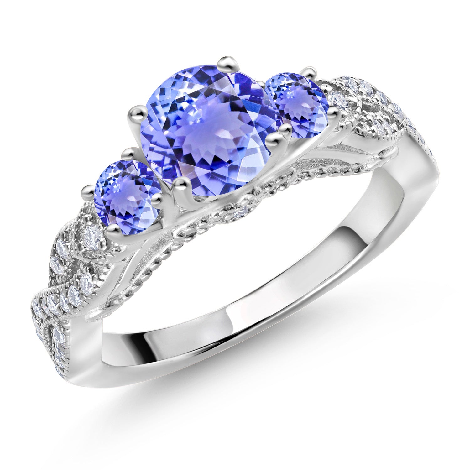 925 Sterling Silver Blue Tanzanite and White Moissanite Engagement Ring For Women (1.47 Cttw, Gemstone December Birthstone, Round 6MM and 3MM)