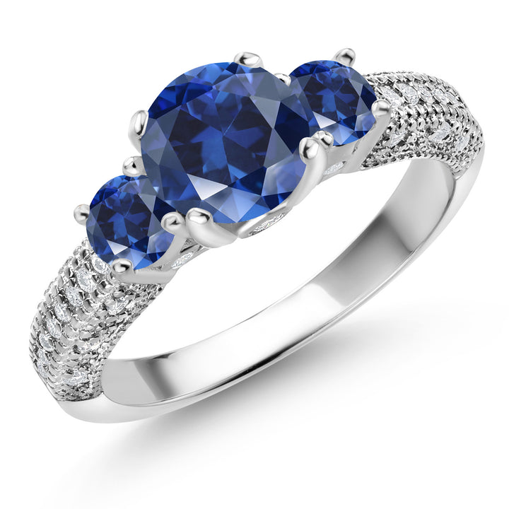 925 Sterling Silver Blue Created Sapphire and White Moissanite Engagement Ring For Women (2.18 Cttw, Round 7MM and 4MM, Available In Size 5, 6, 7, 8, 9)