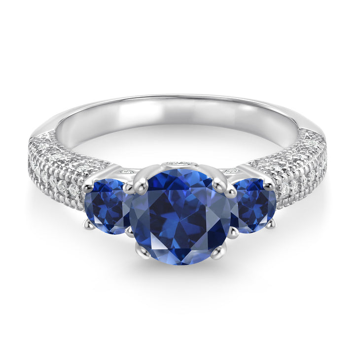 925 Sterling Silver Blue Created Sapphire and White Moissanite Engagement Ring For Women (2.18 Cttw, Round 7MM and 4MM, Available In Size 5, 6, 7, 8, 9)