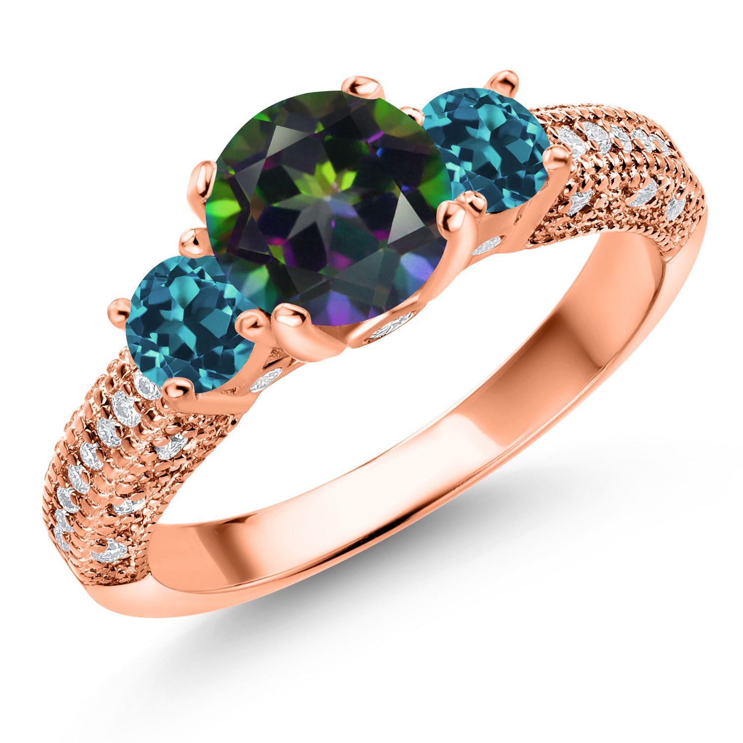 18K Rose Gold Plated Silver Green Mystic Topaz London Blue Topaz and White Moissanite Engagement Ring For Women (2.04 Cttw, Gemstone, Round 7MM and 4MM)