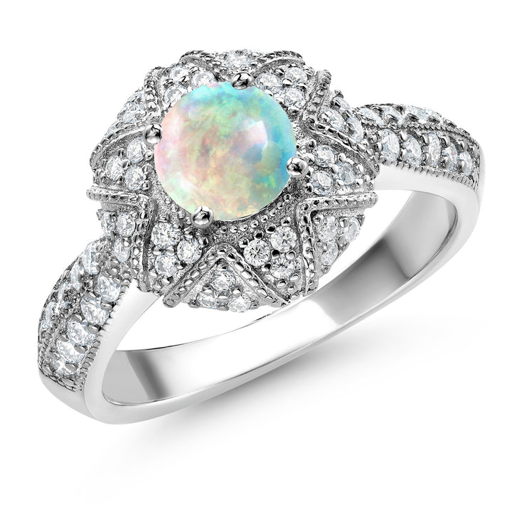 White Opal-Cabochon - October_5_Ring in 925 Sterling Silver