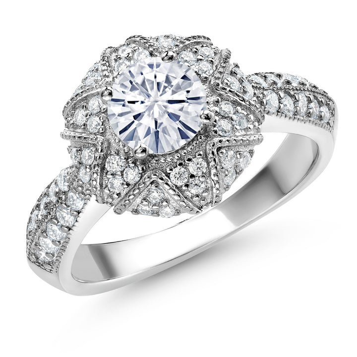 Gem Stone King 925 Sterling Silver Round 6MM Gemstone Birthstone and Moissanite Engagement Ring | Wedding Promise Anniversary Ring For Women | Available In Size 5, 6, 7, 8, 9