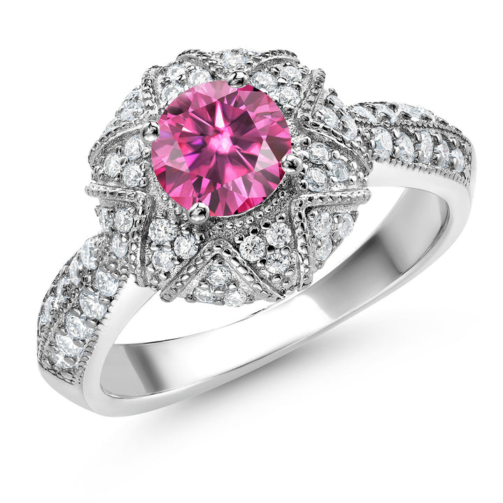 Gem Stone King 925 Sterling Silver Round 6MM Gemstone Birthstone and Moissanite Engagement Ring | Wedding Promise Anniversary Ring For Women | Available In Size 5, 6, 7, 8, 9
