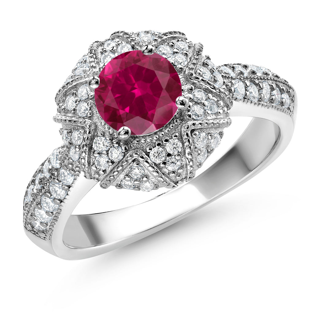 Gem Stone King 925 Sterling Silver Round 6MM Gemstone Birthstone and Moissanite Engagement Ring | Wedding Promise Anniversary Ring For Women | Available In Size 5, 6, 7, 8, 9