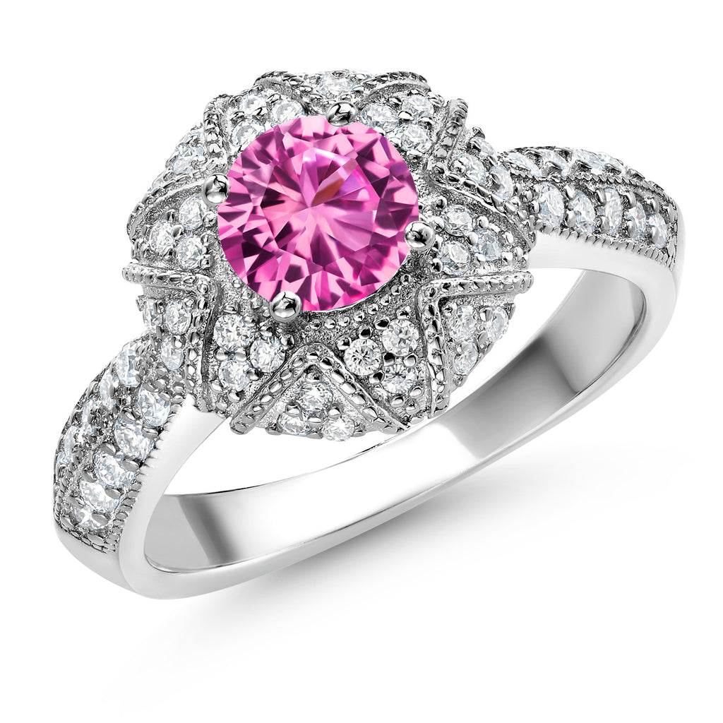 Gem Stone King 925 Sterling Silver Round 6MM Gemstone Birthstone and Moissanite Engagement Ring | Wedding Promise Anniversary Ring For Women | Available In Size 5, 6, 7, 8, 9
