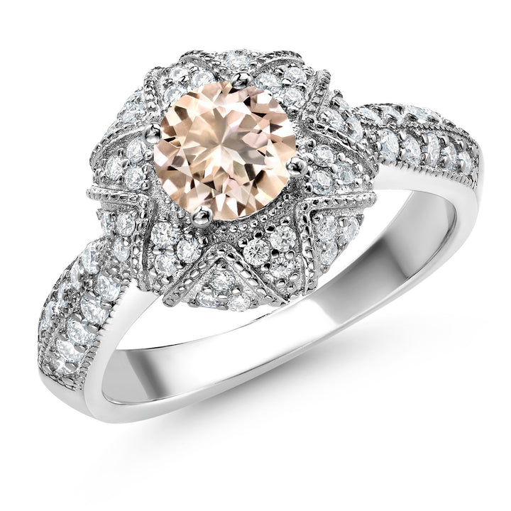 Gem Stone King 925 Sterling Silver Round 6MM Gemstone Birthstone and Moissanite Engagement Ring | Wedding Promise Anniversary Ring For Women | Available In Size 5, 6, 7, 8, 9