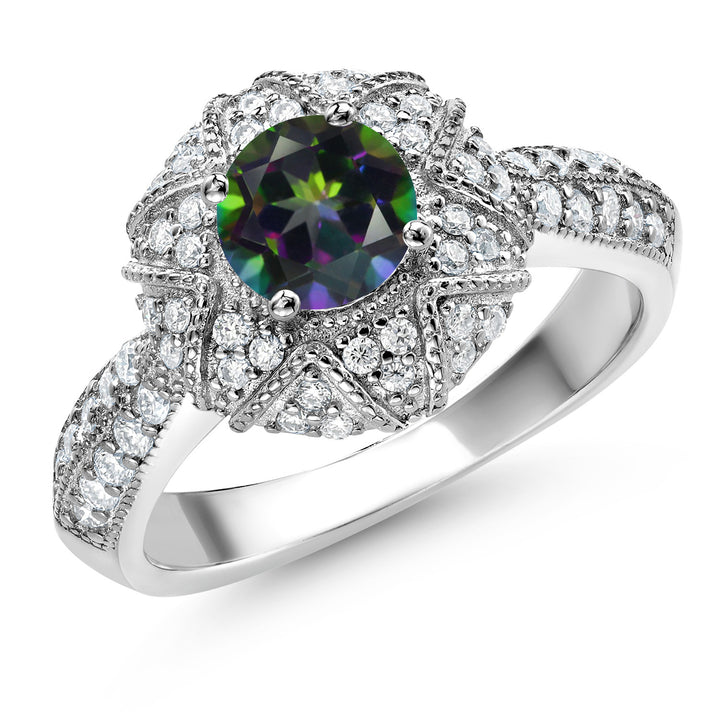 Gem Stone King 925 Sterling Silver Round 6MM Gemstone Birthstone and Moissanite Engagement Ring | Wedding Promise Anniversary Ring For Women | Available In Size 5, 6, 7, 8, 9