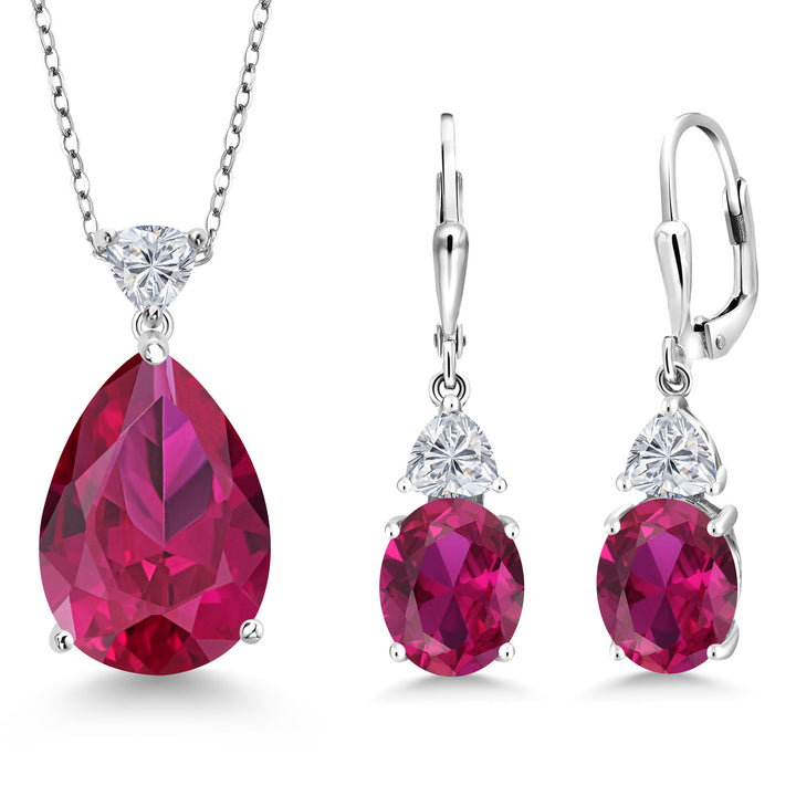 925 Sterling Silver Red Created Ruby and Lab Grown Diamond Pendant Earrings Jewelry Set For Women | 20.11 Cttw | Gemstone July Birthstone | Pear Shape 18X13MM | with 18 Inch Chain