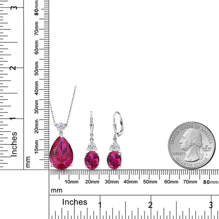 925 Sterling Silver Red Created Ruby and Lab Grown Diamond Pendant Earrings Jewelry Set For Women | 20.11 Cttw | Gemstone July Birthstone | Pear Shape 18X13MM | with 18 Inch Chain