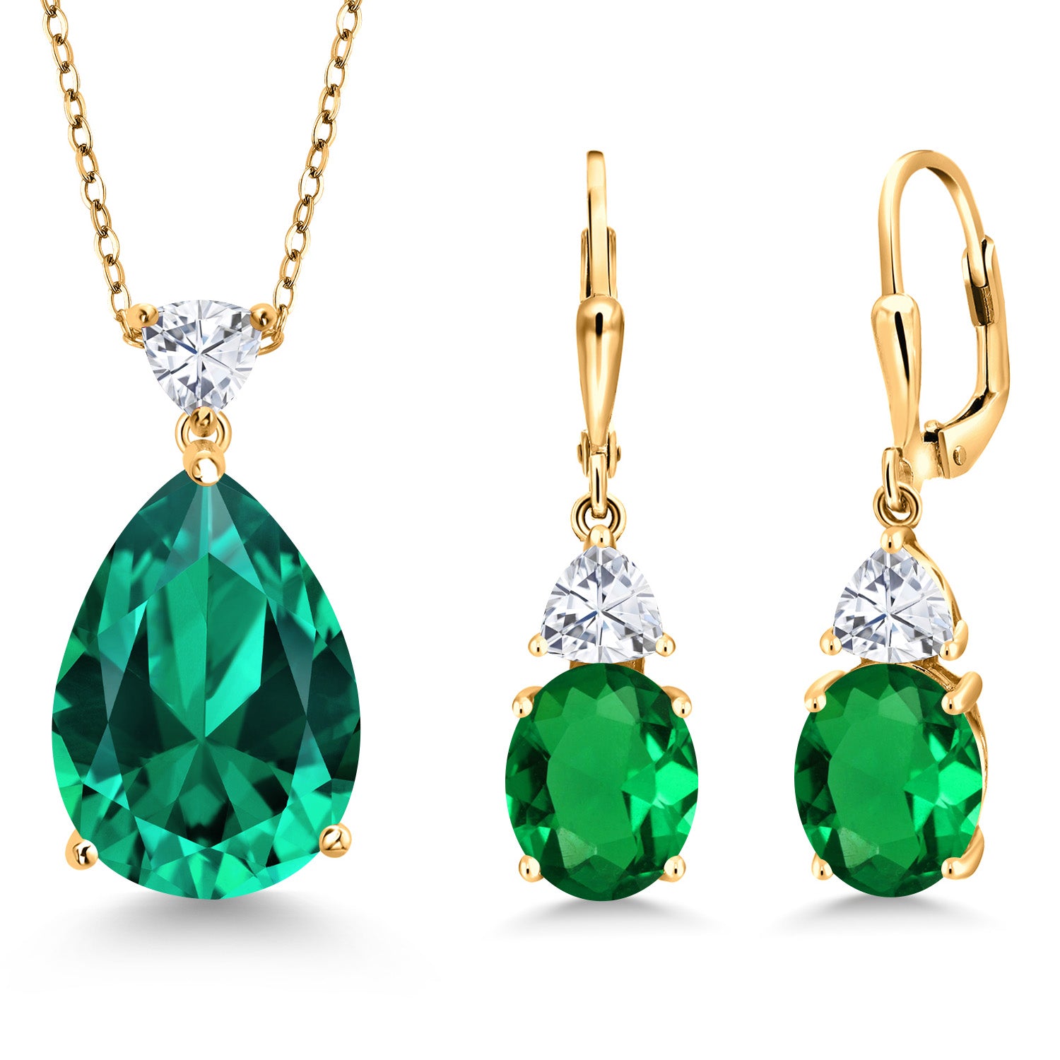 18K Yellow Gold Plated Silver Green Nano Emerald and White Moissanite Pendant Earrings Jewelry Set For Women (14.66 Cttw, Pear Shape 18X13MM, with 18 Inch Chain)