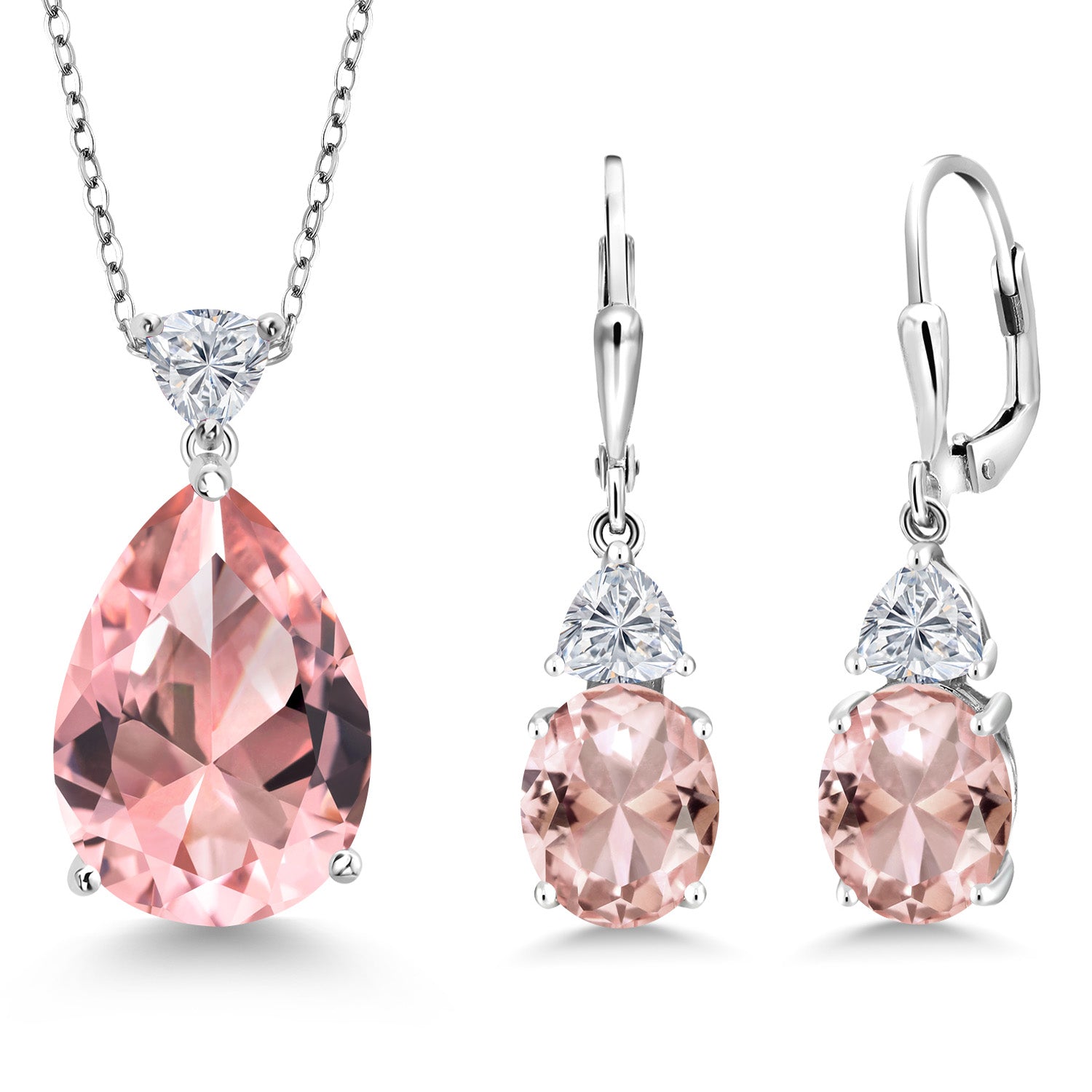 925 Sterling Silver Peach Nano Morganite and Lab Grown Diamond Pendant Earrings Jewelry Set For Women | 16.10 Cttw | Gemstone October Birthstone | Pear Shape 18X13MM | with 18 Inch Chain