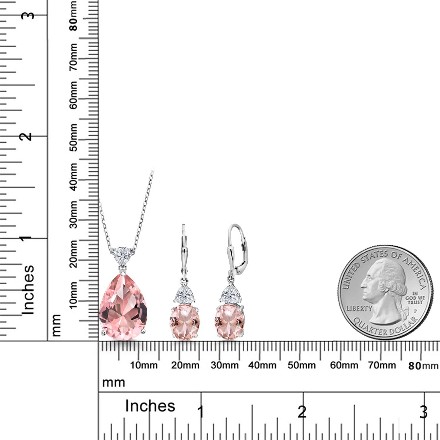 925 Sterling Silver Peach Nano Morganite and Lab Grown Diamond Pendant Earrings Jewelry Set For Women | 16.10 Cttw | Gemstone October Birthstone | Pear Shape 18X13MM | with 18 Inch Chain